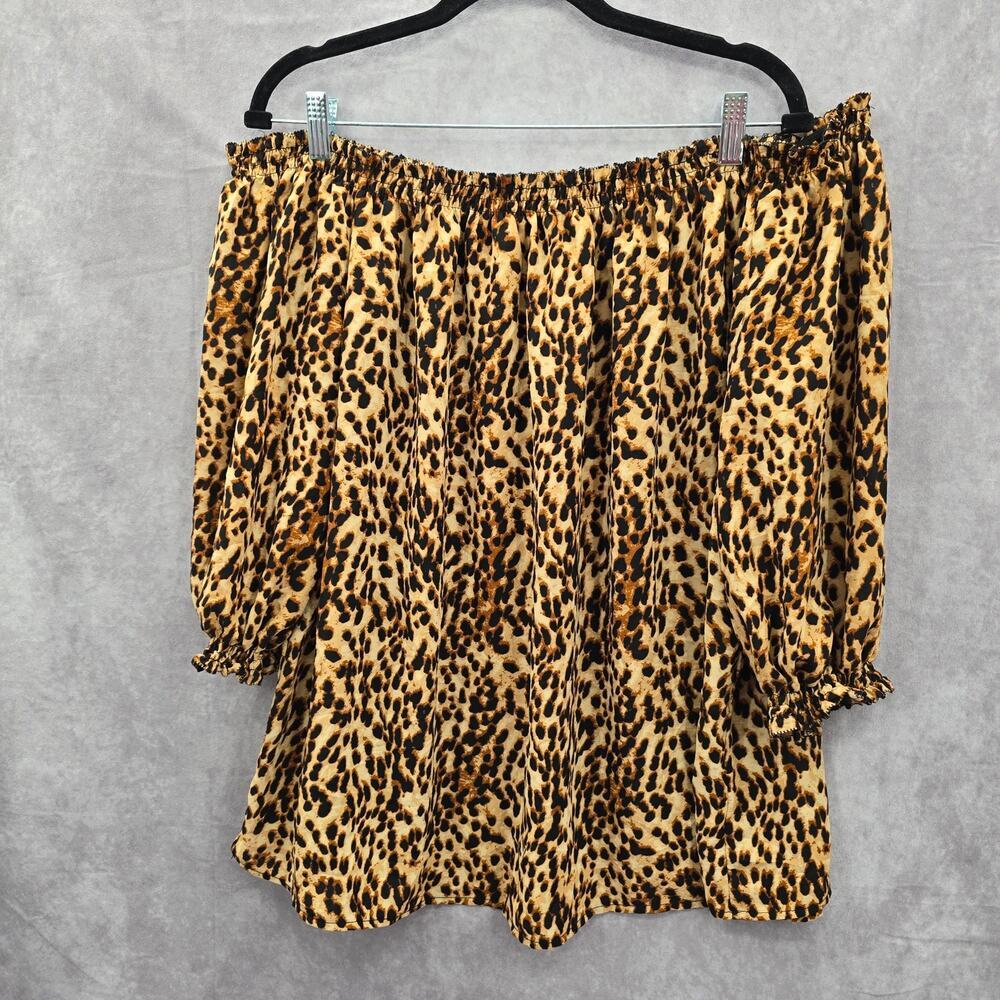 Cato Brown Black Print Smock Off Shoulder Retro Blouse Top Shirt Plus 18/20W 1X